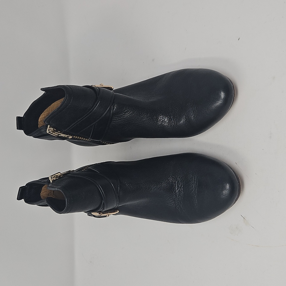 COACH Black Leather Pauline Ankle Boots Sz6.5 Zip Side Buckle Strap Gold 2" Heel - Picture 2 of 5